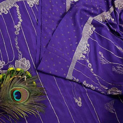 Indian Vintage Heavy Sarees Purple Pure Crepe Silk Hand Embroidered Sari Craft Fabric 5Yd Sewing Zardozi/Dabka Dress making