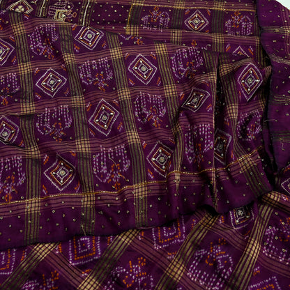 Indian Vintage Heavy Sari Purple Pure Silk Hand Embroidered Ikat Saree 5Yd Craft Fabric Ethnic Zardozi Zari Wedding Sarees Dress making