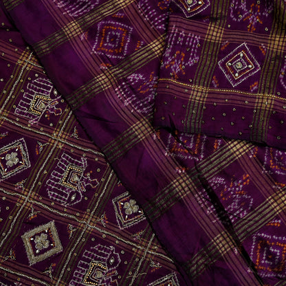 Indian Vintage Heavy Sari Purple Pure Silk Hand Embroidered Ikat Saree 5Yd Craft Fabric Ethnic Zardozi Zari Wedding Sarees Dress making