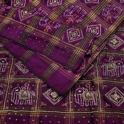 Indian Vintage Heavy Sari Purple Pure Silk Hand Embroidered Ikat Saree 5Yd Craft Fabric Ethnic Zardozi Zari Wedding Sarees Dress making