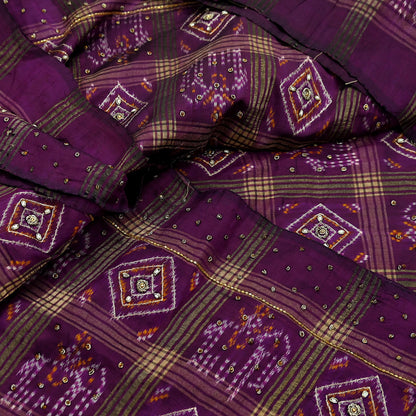 Indian Vintage Heavy Sari Purple Pure Silk Hand Embroidered Ikat Saree 5Yd Craft Fabric Ethnic Zardozi Zari Wedding Sarees Dress making