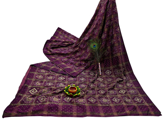Indian Vintage Heavy Sari Purple Pure Silk Hand Embroidered Ikat Saree 5Yd Craft Fabric Ethnic Zardozi Zari Wedding Sarees Dress making