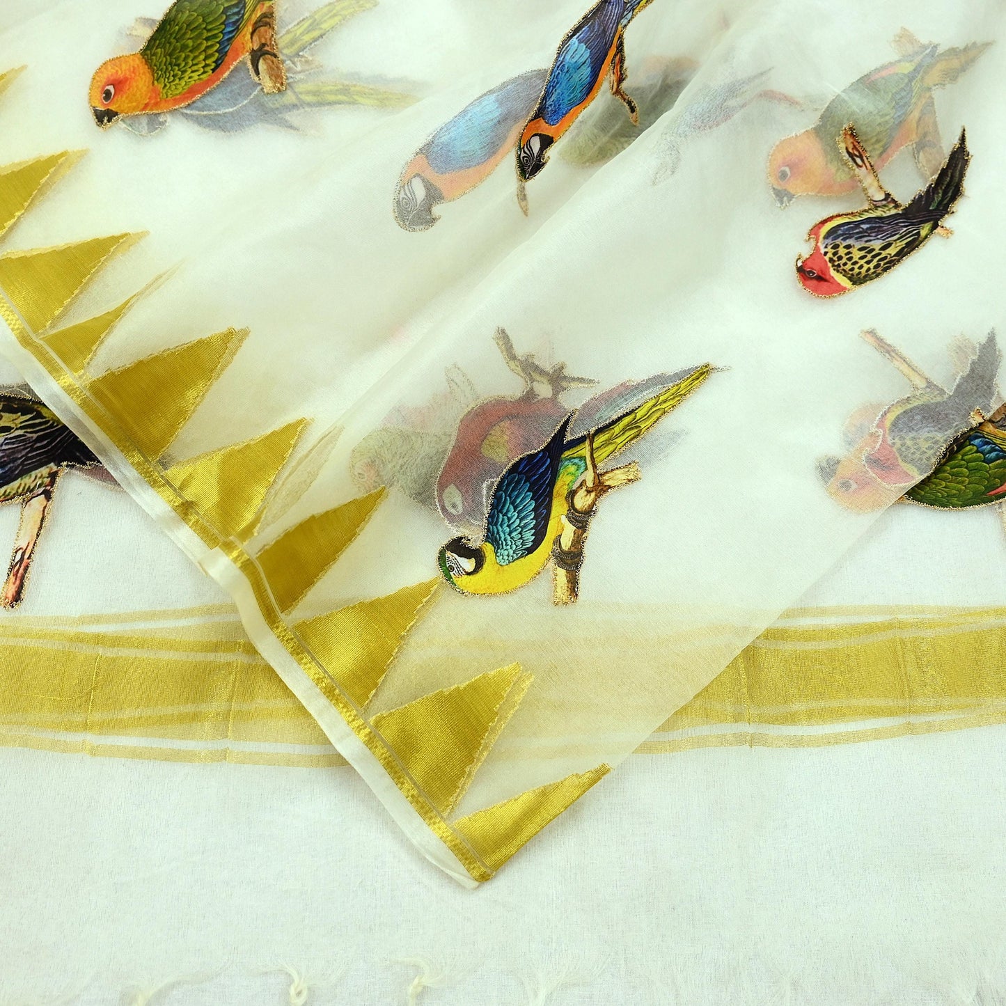 Indian Vintage Dupatta White Long Stole Organza Embroidered Scarves Veil Soft Design Fringes Scarves Scarf Parrot