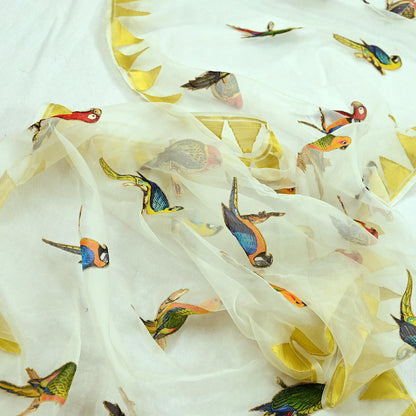Indian Vintage Dupatta White Long Stole Organza Embroidered Scarves Veil Soft Design Fringes Scarves Scarf Parrot