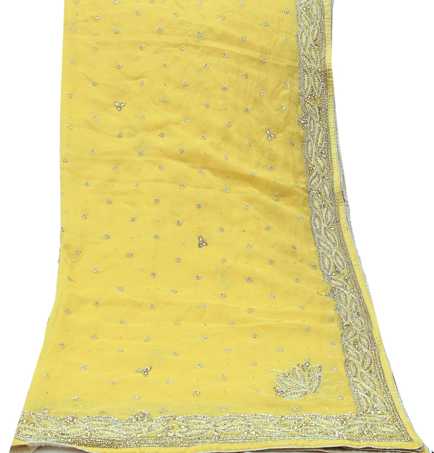 Indian Women Vintage Yellow Dupatta Pure Chiffon silk Long Stole Hand Embroidered Hijab Scarves Veil Wrap soft Zari