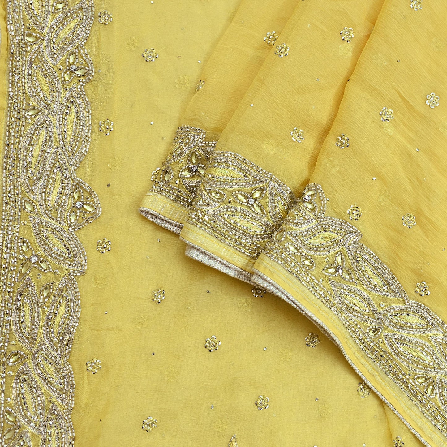 Indian Women Vintage Yellow Dupatta Pure Chiffon silk Long Stole Hand Embroidered Hijab Scarves Veil Wrap soft Zari