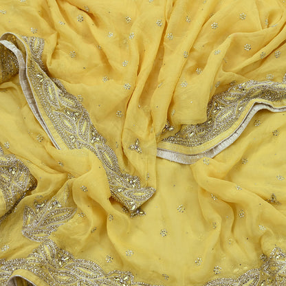 Indian Women Vintage Yellow Dupatta Pure Chiffon silk Long Stole Hand Embroidered Hijab Scarves Veil Wrap soft Zari