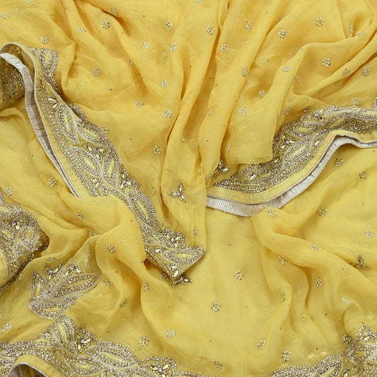 Indian Women Vintage Yellow Dupatta Pure Chiffon silk Long Stole Hand Embroidered Hijab Scarves Veil Wrap soft Zari
