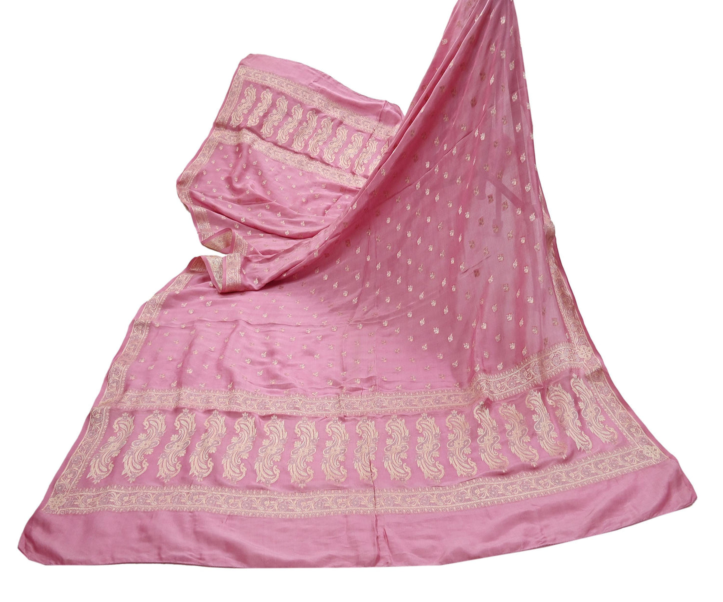 Indian Vintage Pink Dupatta Long Stole Pure Silk Hand Woven Scarves Veil Scarf Wrap Floral Zari Border