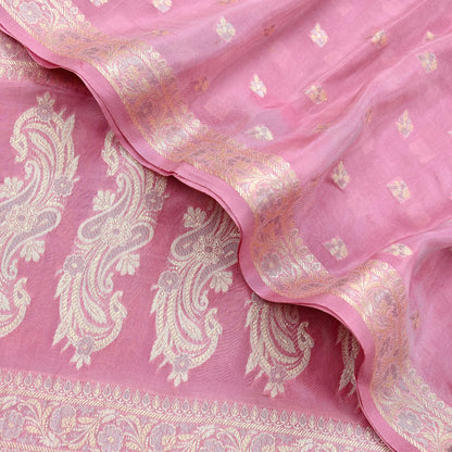Indian Vintage Pink Dupatta Long Stole Pure Silk Hand Woven Scarves Veil Scarf Wrap Floral Zari Border