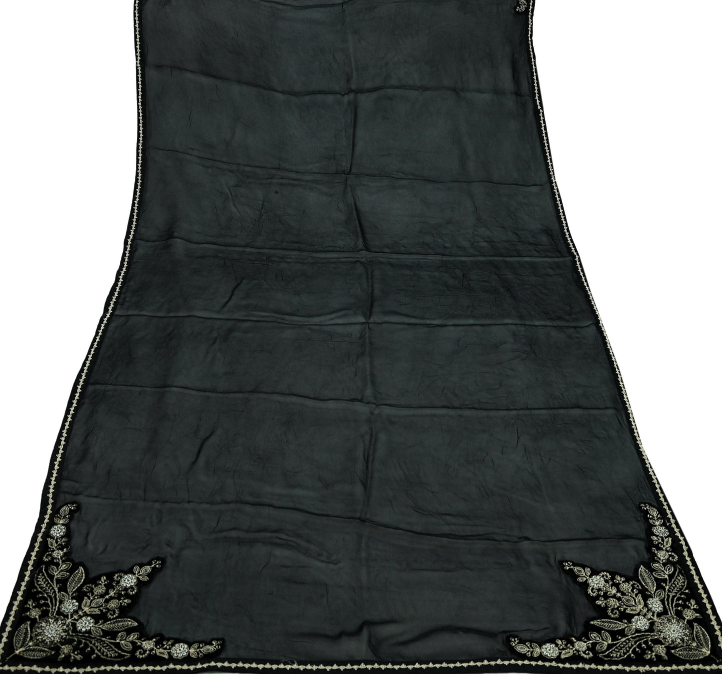 Indian Vintage Dupatta Black Long Stole Pure Organza Silk Hand Embroidered Scarves Veil Zari Sequins