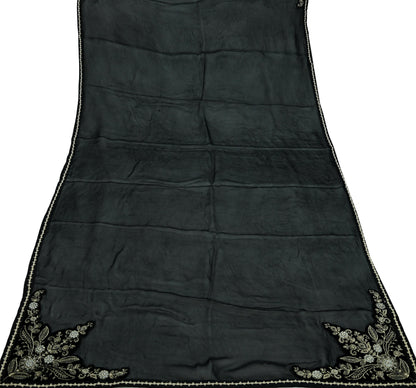 Indian Vintage Dupatta Black Long Stole Pure Organza Silk Hand Embroidered Scarves Veil Zari Sequins