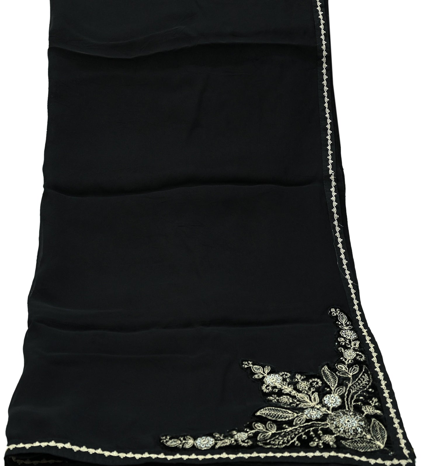 Indian Vintage Dupatta Black Long Stole Pure Organza Silk Hand Embroidered Scarves Veil Zari Sequins