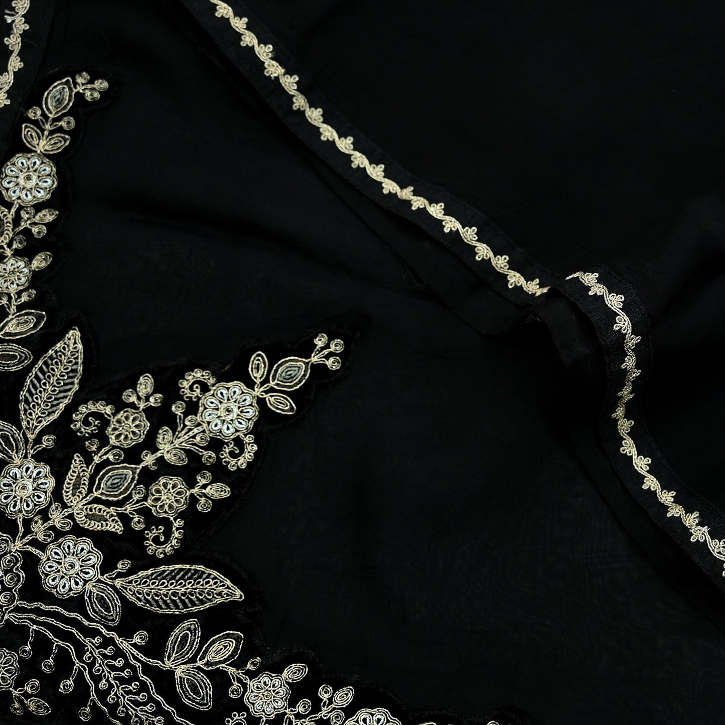 Indian Vintage Dupatta Black Long Stole Pure Organza Silk Hand Embroidered Scarves Veil Zari Sequins