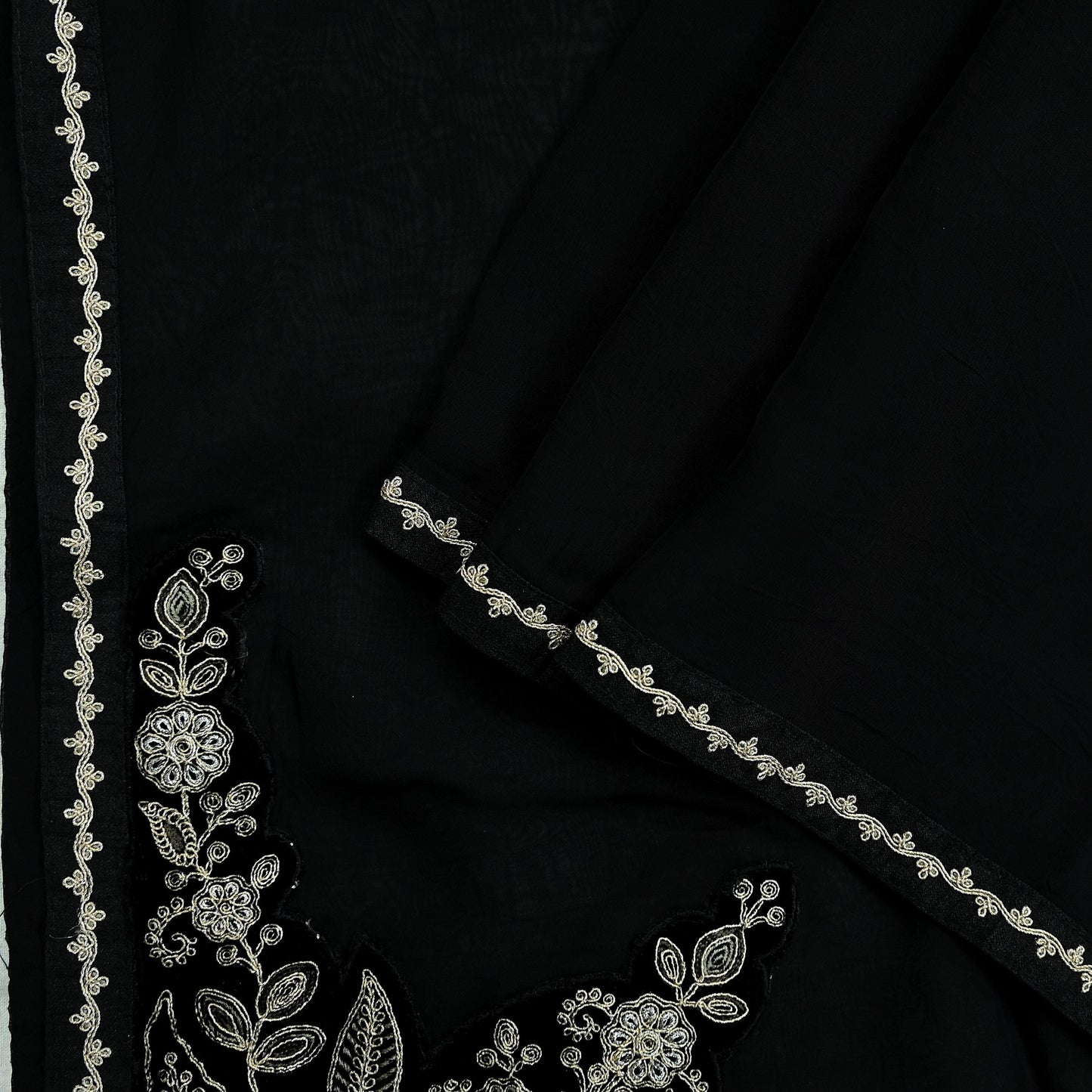 Indian Vintage Dupatta Black Long Stole Pure Organza Silk Hand Embroidered Scarves Veil Zari Sequins