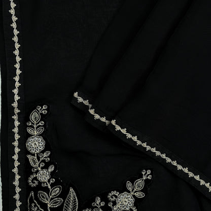 Indian Vintage Dupatta Black Long Stole Pure Organza Silk Hand Embroidered Scarves Veil Zari Sequins