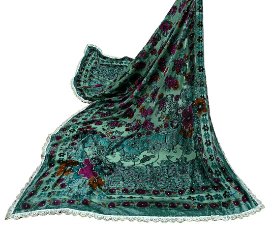 Indian Vintage Dupatta Green Long Stole velvet Brasso Scarves Veil Hijab Wrap Scarf Floral Boho For her For women's Bollywood stole