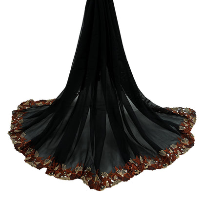 Indian Vintage Dupatta Black Pure Georgette silk Long Stole Embroidered Scarves Stole Veil Wrap Boho