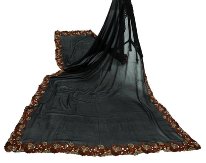 Indian Vintage Dupatta Black Pure Georgette silk Long Stole Embroidered Scarves Stole Veil Wrap Boho
