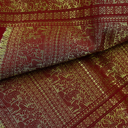 Indian Vintage Dupatta Maroon Long Stole Cotton Brocade Golden Woven Work Scarves Veil Fringes Hijab