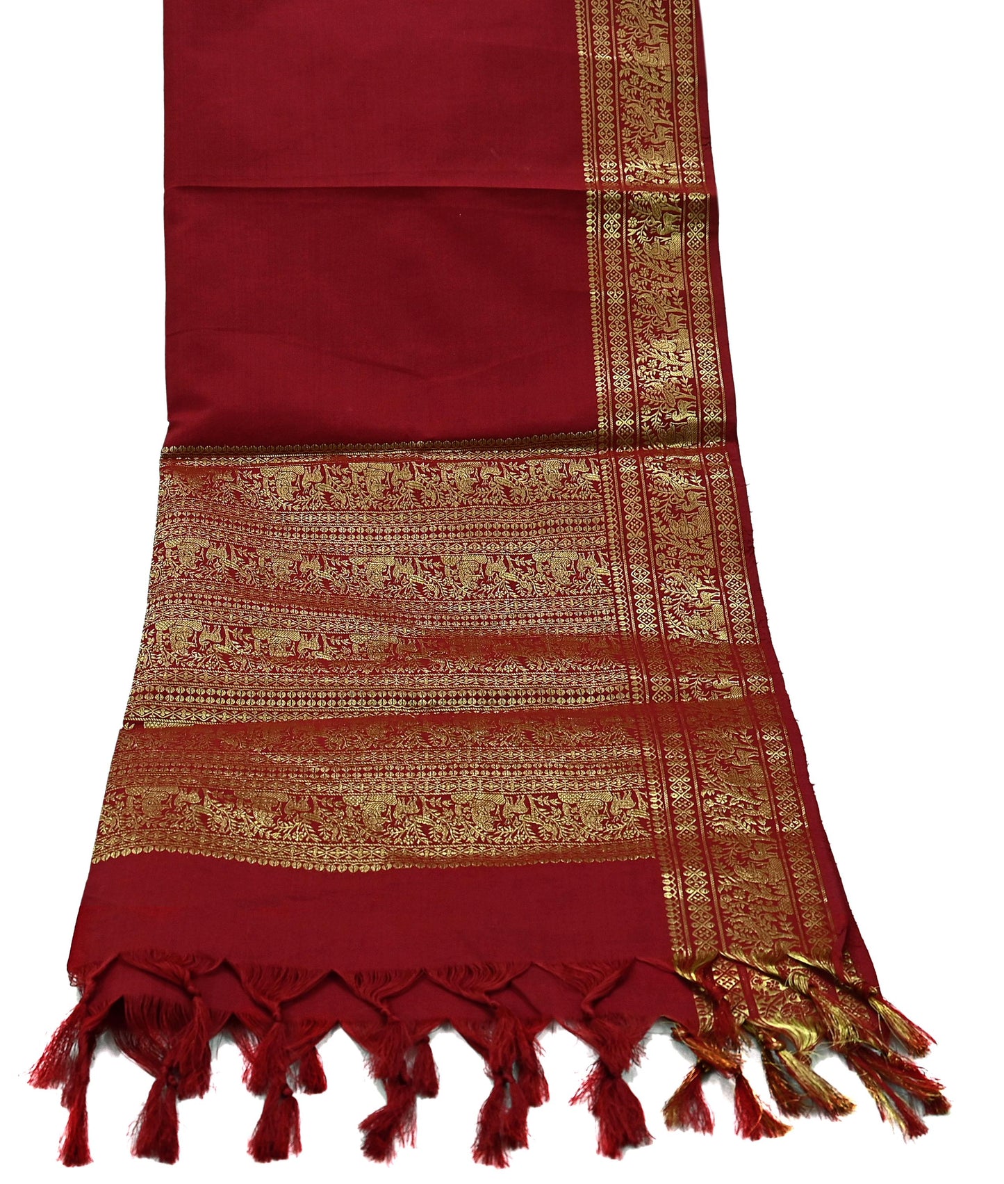 Indian Vintage Dupatta Maroon Long Stole Cotton Brocade Golden Woven Work Scarves Veil Fringes Hijab