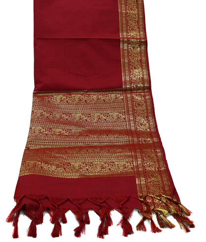 Indian Vintage Dupatta Maroon Long Stole Cotton Brocade Golden Woven Work Scarves Veil Fringes Hijab