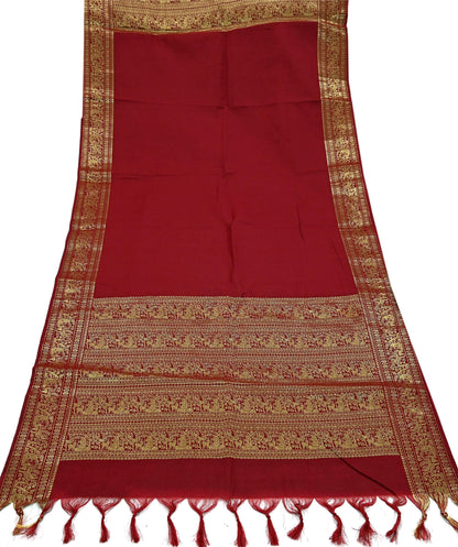 Indian Vintage Dupatta Maroon Long Stole Cotton Brocade Golden Woven Work Scarves Veil Fringes Hijab
