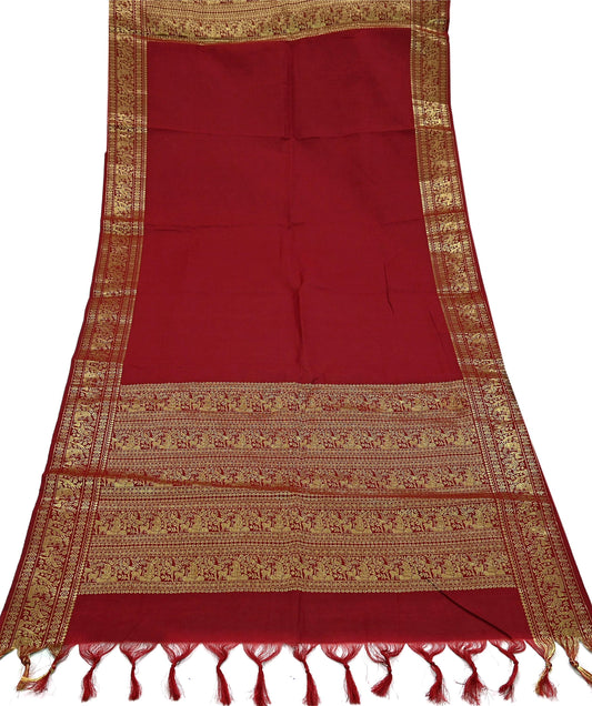 Indian Vintage Dupatta Maroon Long Stole Cotton Brocade Golden Woven Work Scarves Veil Fringes Hijab