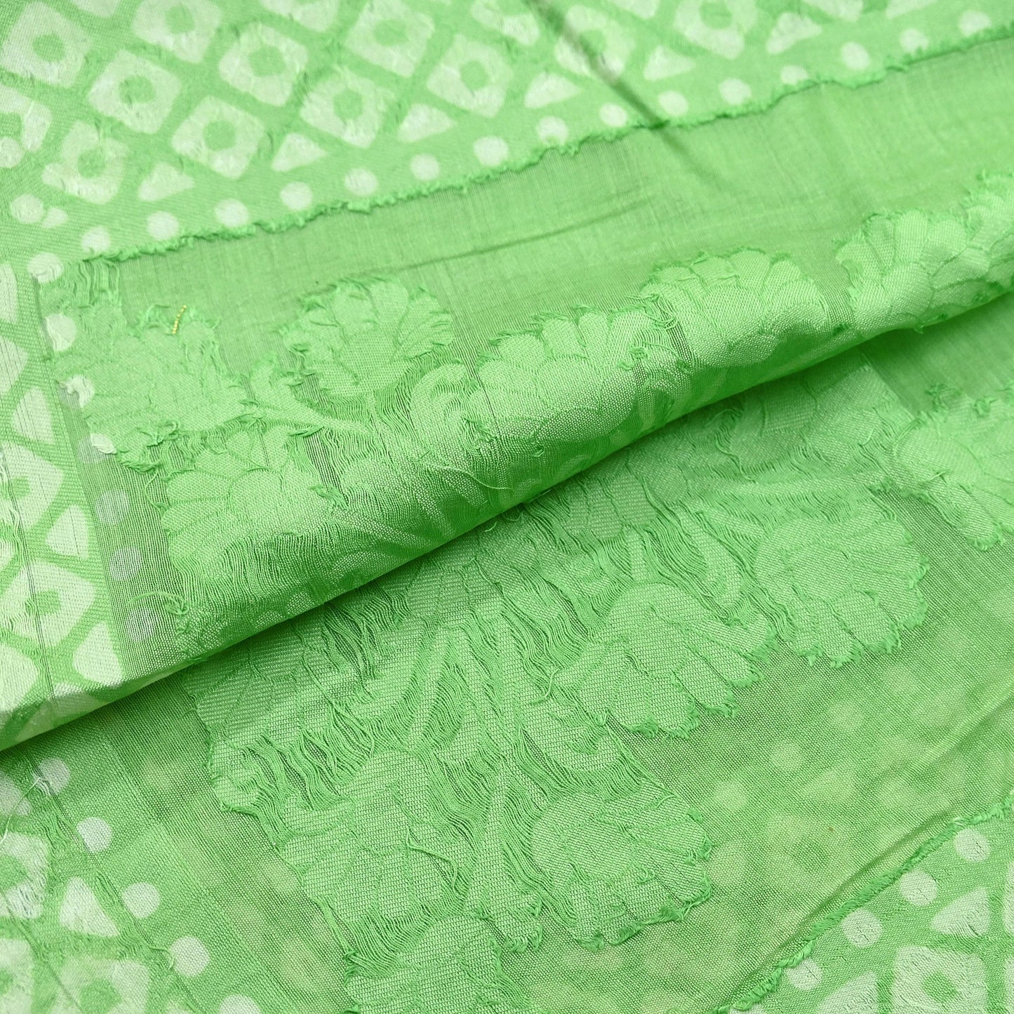 Indian Vintage Dupatta Green Long Stole Printed Woven Pure Silk Scarves Veil Soft Fringes
