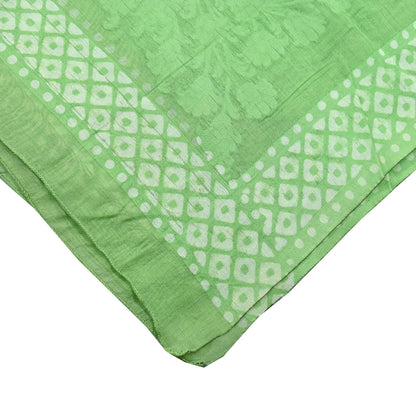 Indian Vintage Dupatta Green Long Stole Printed Woven Pure Silk Scarves Veil Soft Fringes