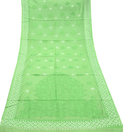 Indian Vintage Dupatta Green Long Stole Printed Woven Pure Silk Scarves Veil Soft Fringes