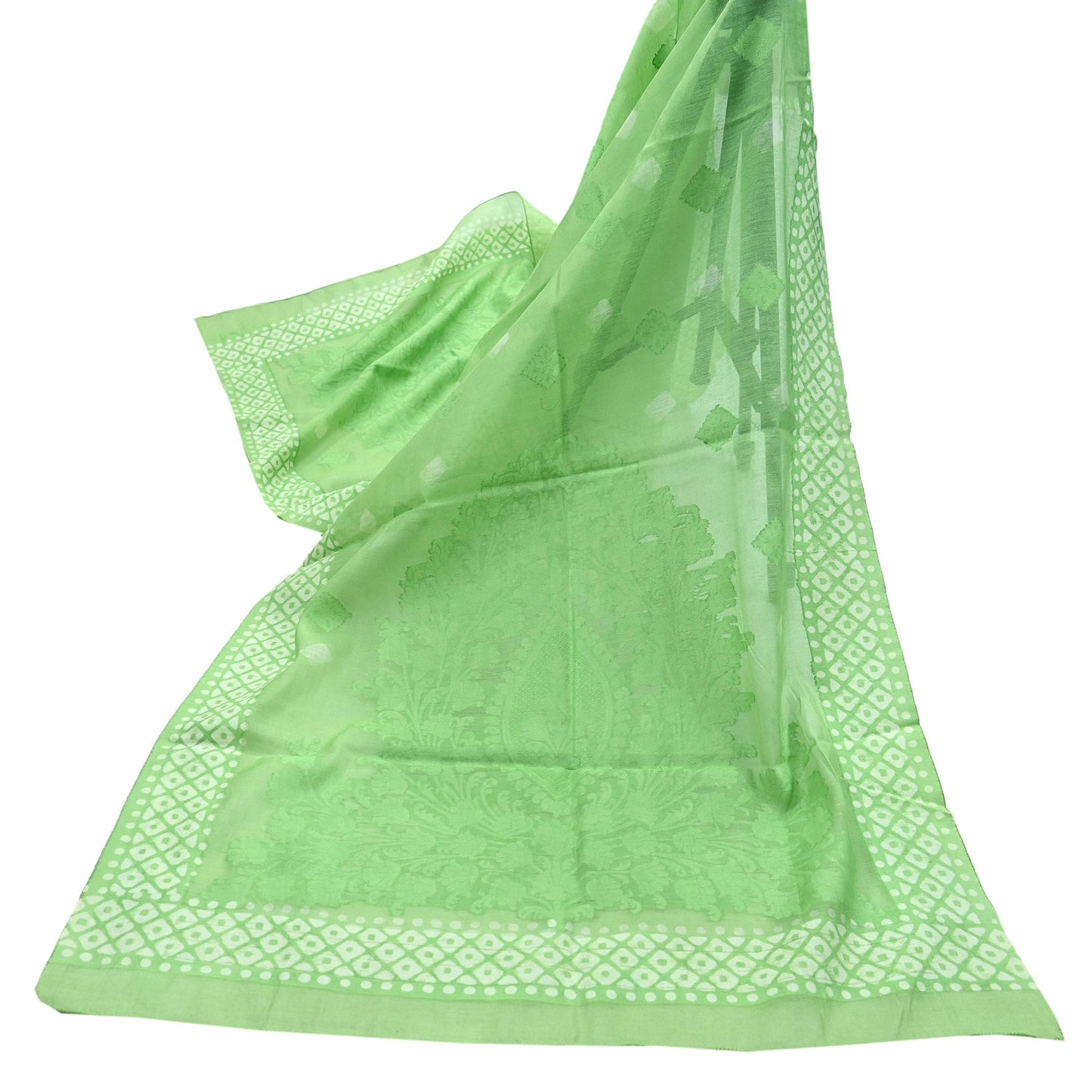 Indian Vintage Dupatta Green Long Stole Printed Woven Pure Silk Scarves Veil Soft Fringes