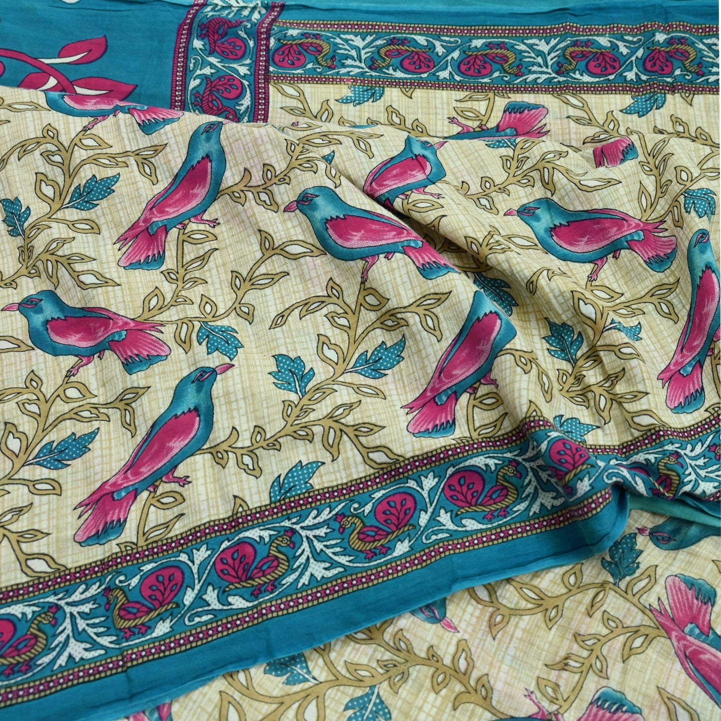 Indian Vintage Sari Blue & Beige Printed 100% Pure Cotton Sarees Craft Fabric 5Yd Sewing Soft Sarong Wrap Floral Dress Making Shrug Quilting