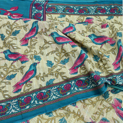 Indian Vintage Sari Blue & Beige Printed 100% Pure Cotton Sarees Craft Fabric 5Yd Sewing Soft Sarong Wrap Floral Dress Making Shrug Quilting