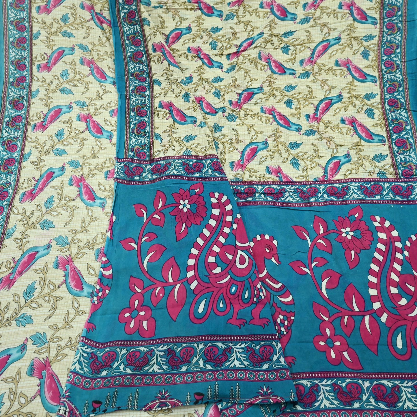 Indian Vintage Sari Blue & Beige Printed 100% Pure Cotton Sarees Craft Fabric 5Yd Sewing Soft Sarong Wrap Floral Dress Making Shrug Quilting