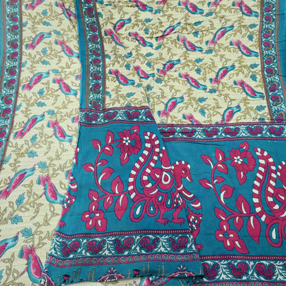 Indian Vintage Sari Blue & Beige Printed 100% Pure Cotton Sarees Craft Fabric 5Yd Sewing Soft Sarong Wrap Floral Dress Making Shrug Quilting