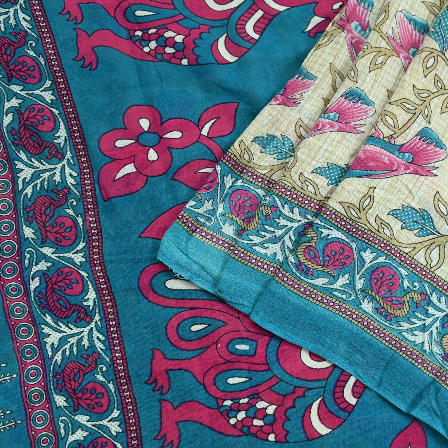 Indian Vintage Sari Blue & Beige Printed 100% Pure Cotton Sarees Craft Fabric 5Yd Sewing Soft Sarong Wrap Floral Dress Making Shrug Quilting