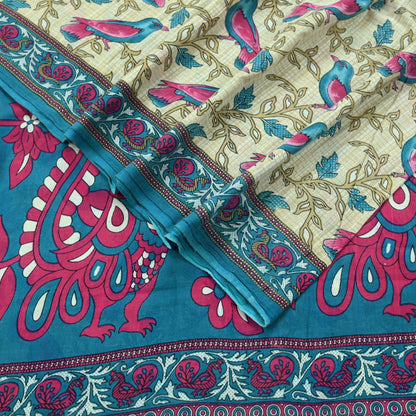 Indian Vintage Sari Blue & Beige Printed 100% Pure Cotton Sarees Craft Fabric 5Yd Sewing Soft Sarong Wrap Floral Dress Making Shrug Quilting