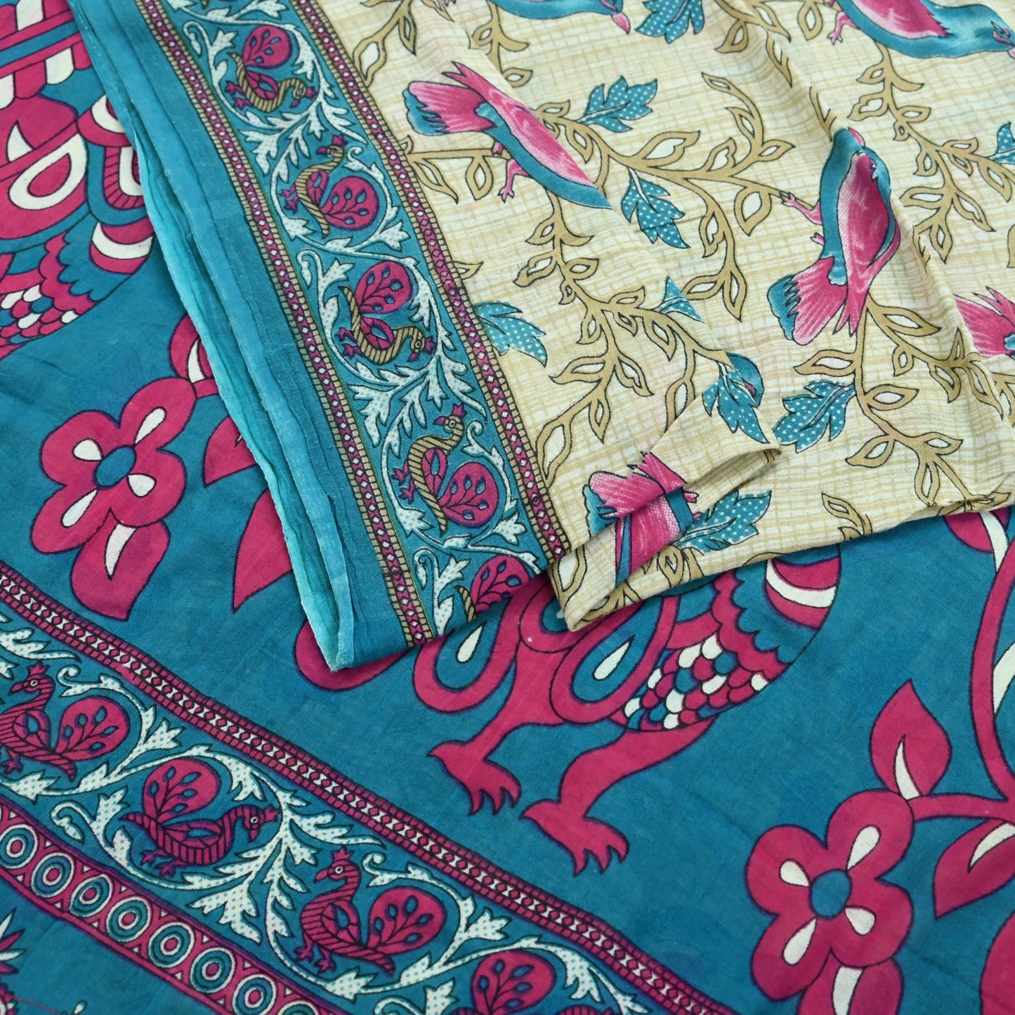 Indian Vintage Sari Blue & Beige Printed 100% Pure Cotton Sarees Craft Fabric 5Yd Sewing Soft Sarong Wrap Floral Dress Making Shrug Quilting