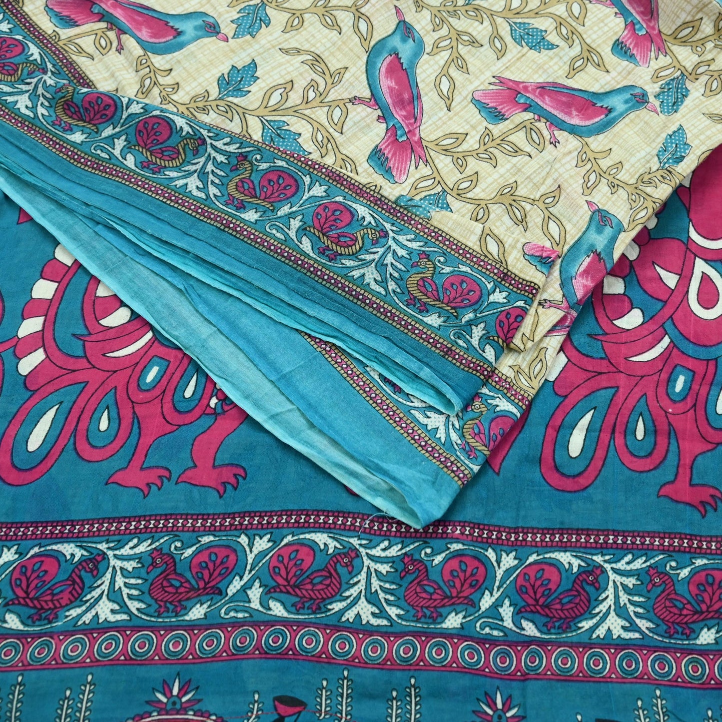 Indian Vintage Sari Blue & Beige Printed 100% Pure Cotton Sarees Craft Fabric 5Yd Sewing Soft Sarong Wrap Floral Dress Making Shrug Quilting