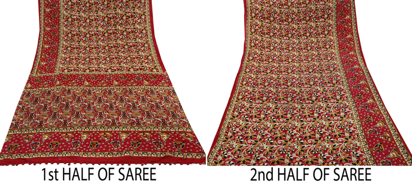 Indian Vintage Red Sarees Pure Cotton Printed Sari 5yd Sewing Craft Fabric DressMaking Soft Crafting Quilting Upcycle
