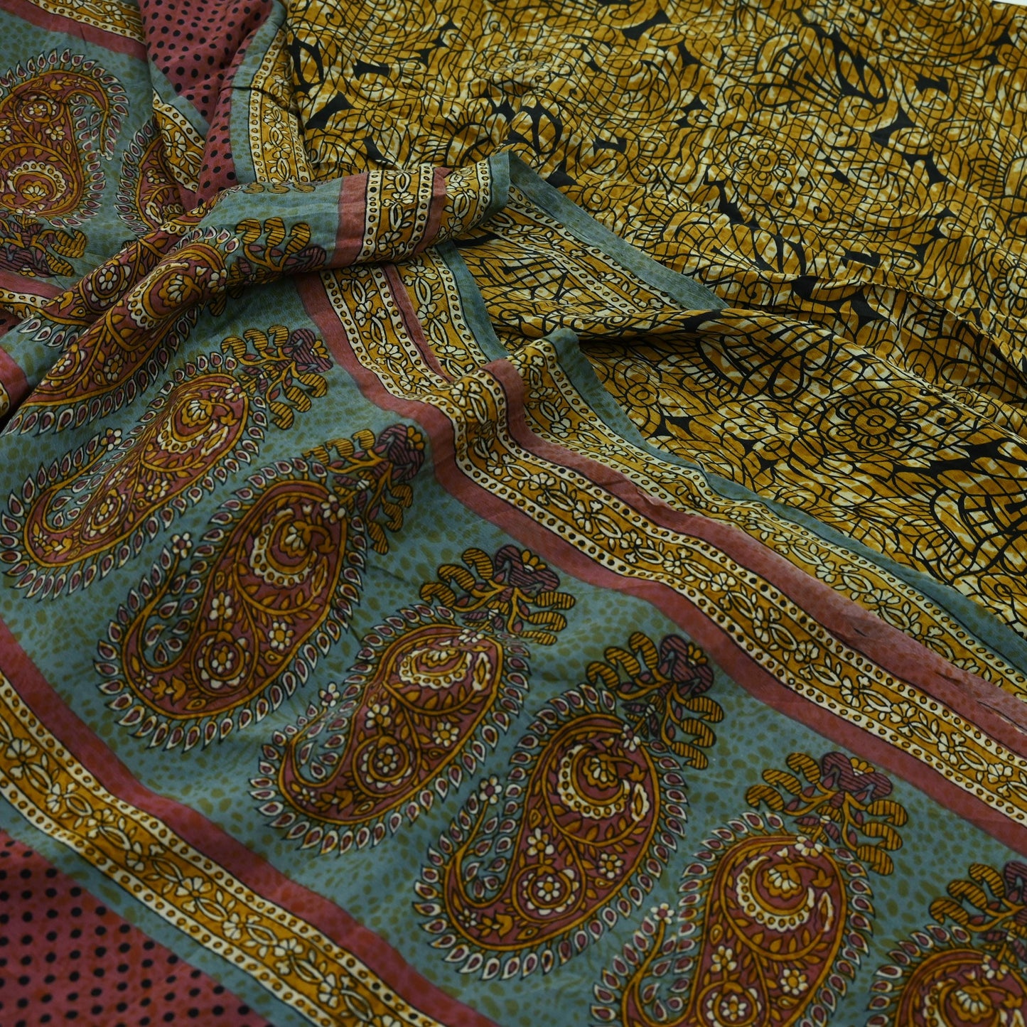Indian Vintage Sari Mustard & Black Pure Crepe Silk Printed Sarees 5yd Sewing Soft Craft Fabric Floral Wrap Quilting Dress Making Crafting