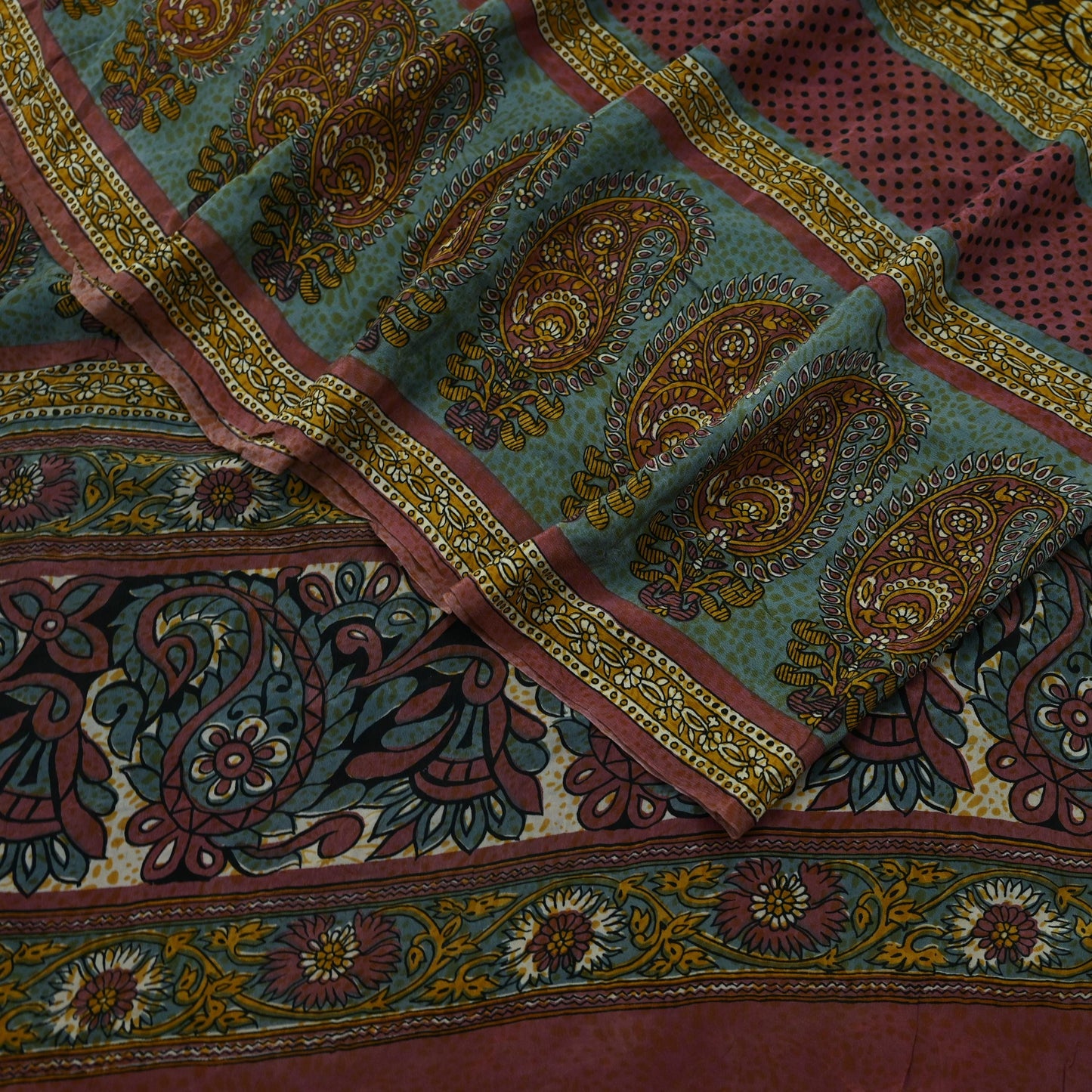 Indian Vintage Sari Mustard & Black Pure Crepe Silk Printed Sarees 5yd Sewing Soft Craft Fabric Floral Wrap Quilting Dress Making Crafting