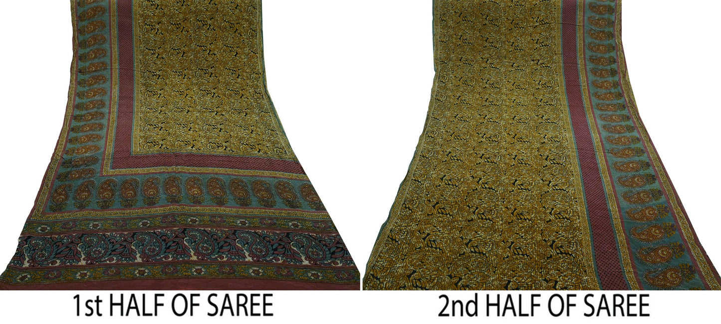 Indian Vintage Sari Mustard & Black Pure Crepe Silk Printed Sarees 5yd Sewing Soft Craft Fabric Floral Wrap Quilting Dress Making Crafting