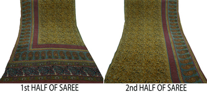 Indian Vintage Sari Mustard & Black Pure Crepe Silk Printed Sarees 5yd Sewing Soft Craft Fabric Floral Wrap Quilting Dress Making Crafting