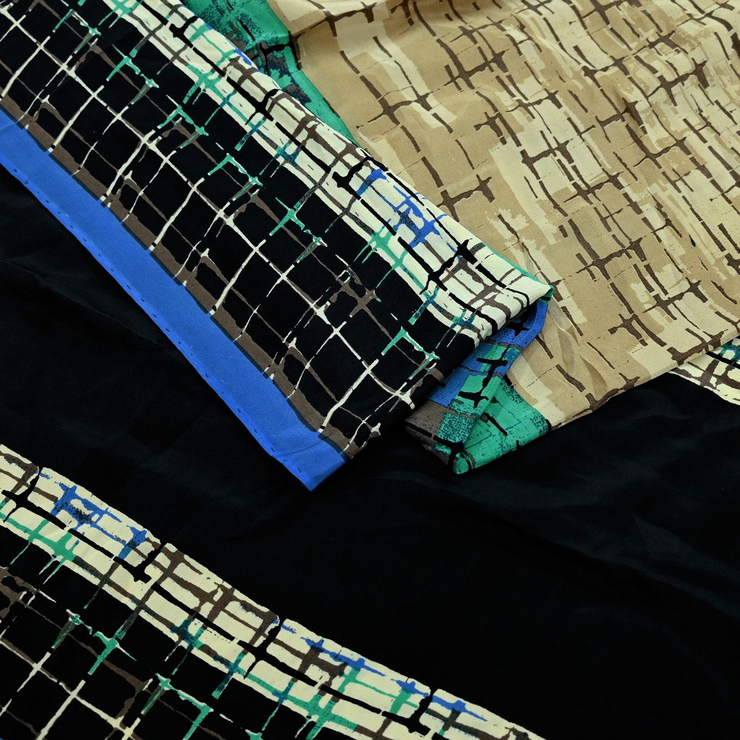 Indian Vintage Beige & Black Saree Pure Crepe Silk Printed Sari Craft Fabric 5yd Sewing Abstract Soft Wrap Dress making Crafting Quilting