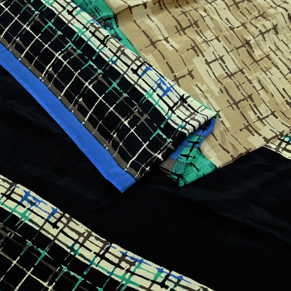 Indian Vintage Beige & Black Saree Pure Crepe Silk Printed Sari Craft Fabric 5yd Sewing Abstract Soft Wrap Dress making Crafting Quilting
