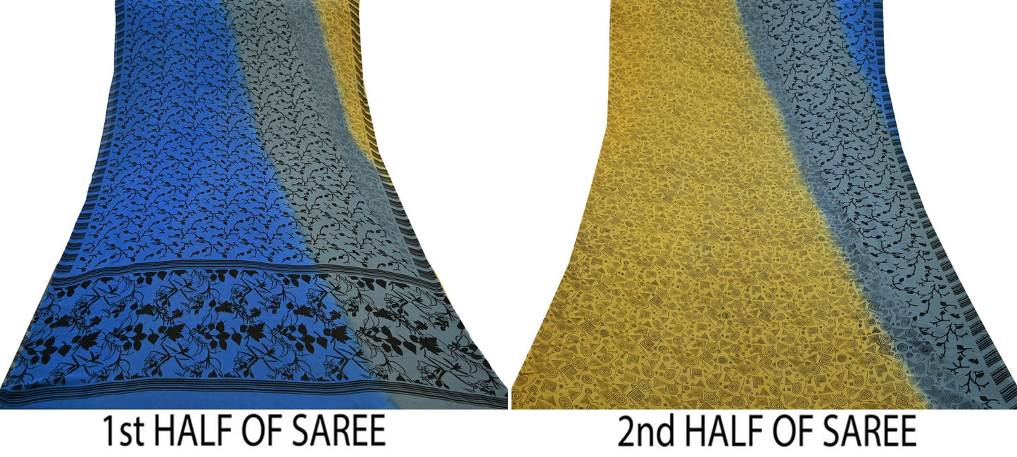 Women Vintage Sari Pure Georgette Silk Printed Saree Craft Fabric Sewing 5Yd Soft Light Dress Making Abstract Crafting Quilting