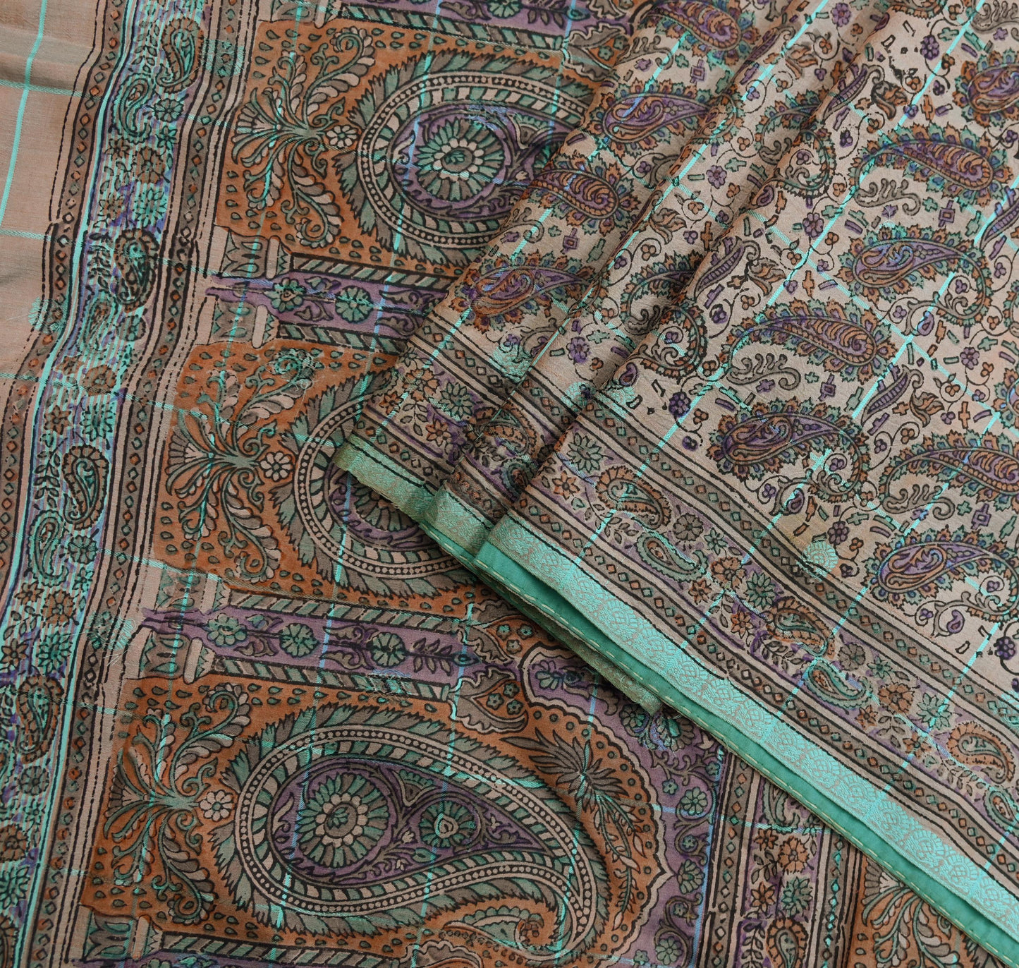 Indian Vintage Peach & Green Saree Pure Silk Printed Sari Craft Fabric 6yd Sewing Floral Soft Dress Designing for Crafting Quilting Upcycle