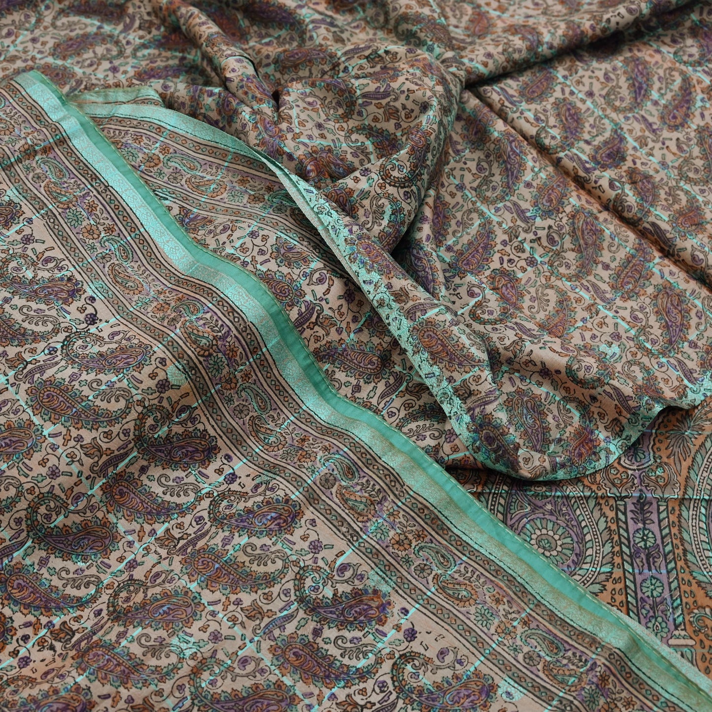 Indian Vintage Peach & Green Saree Pure Silk Printed Sari Craft Fabric 6yd Sewing Floral Soft Dress Designing for Crafting Quilting Upcycle